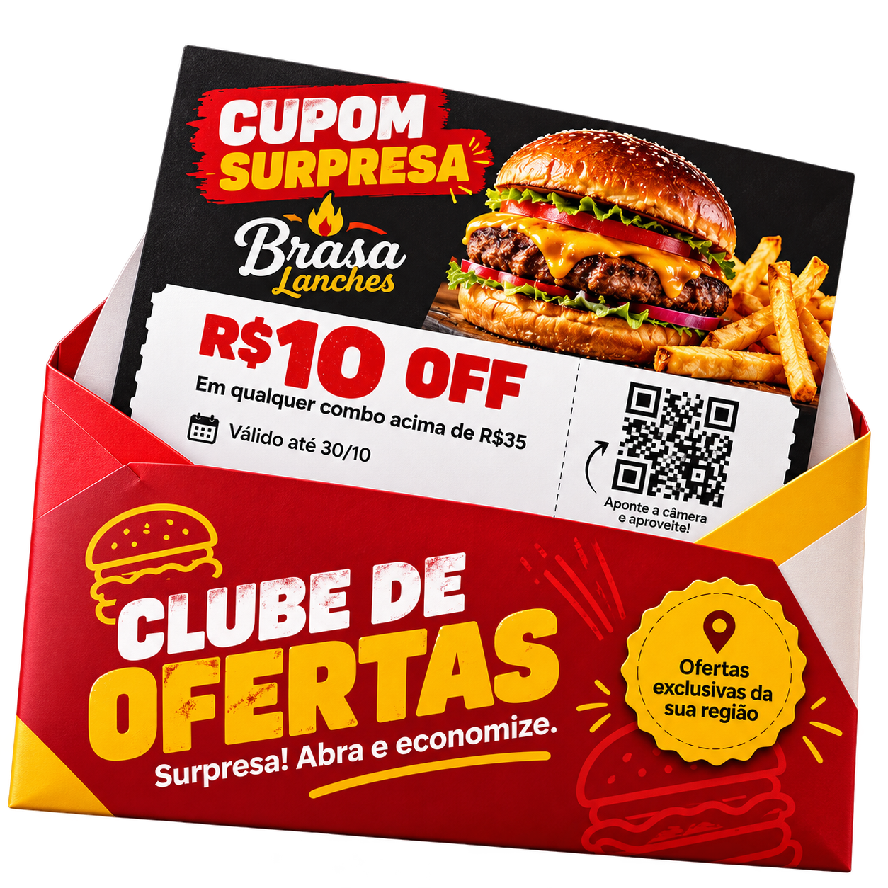 Envelope do Clube de Ofertas com um cupom Brasa Lanches saindo de dentro